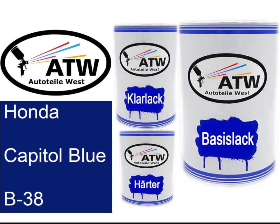 Honda, Capitol Blue, B-38: 500ml Lackdose + 500ml Klarlack + 250ml Härter - Set, von ATW Autoteile West.